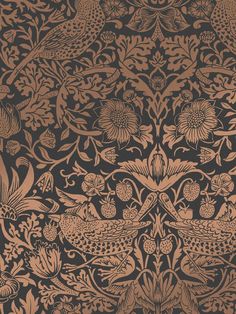 an intricately designed wallpaper with flowers and birds in brown, gold and black