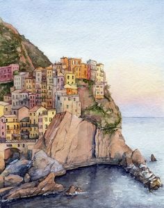 watercolor painting of houses on the cliff above the ocean in cinquefoila, italy