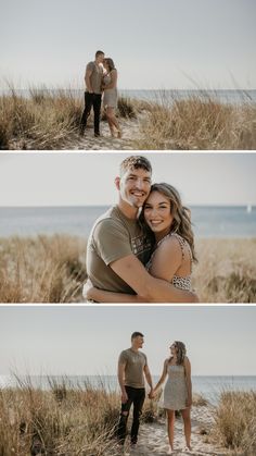 an engaged couple standing on the beach with their arms around each other