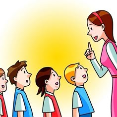 a woman standing in front of a group of children with one pointing at the other