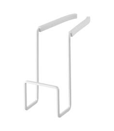 a pair of white metal brackets on a white background with clippings for the handles