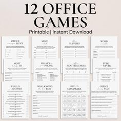 the 12 printable office games are on display in front of a white background with black text