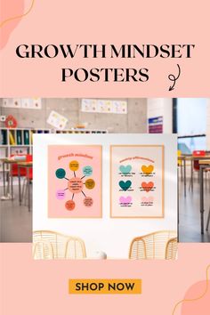 two posters with the words growth minds and hearts on them in pink, yellow and orange colors