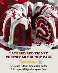 a red velvet cheesecake bundt cake with white icing on a platter