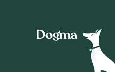 a dog with its mouth open and the word dogma written in white on a green background