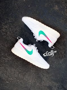 Custom Roshes, Womens Nike Roshe Custom, White on White, pink, teal, trendy design, all white nike roshe Nike Trainer, Discount Nikes, Nike Shox, Nike Roshe