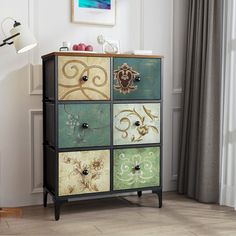 a multicolored chest of drawers in a living room