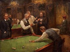 an oil painting of men playing pool