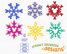 four snowflakes are shown in different colors and sizes, with the words freshly squeezed