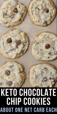 keto chocolate chip cookies on a baking sheet with text overlay that reads, keto chocolate chip cookies about one net carb each