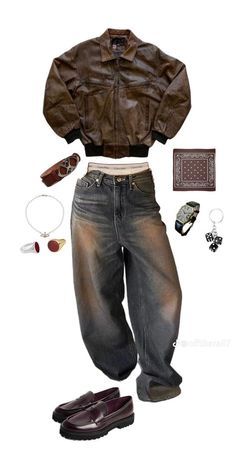 Brooklyn Club Outfit, Brown Y2k Outfit Men, How To Style A Brown Leather Jacket, Earthy Masc Outfits, Grunge Leather Jacket For Streetwear, Vintage Brown Leather Jacket Outfit Men, Streetwear Leather Jacket, Guy Outfit Ideas, Brown Leather Outerwear For Streetwear