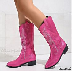 Olivia Mark - Vintage Western Embroidered Cowgirl Boots with Long Shaft, Chunky Heel, and Suede Finish Cowgirl Boots Short, Women Western Boots, Pink Low Heels, Embroidered Cowgirl Boots, Style Cowboy Boots, Floral High Heels, Botas Western, Pink Cowgirl Boots, Goth Shoes