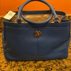 This Is A Fabulous Shade Of Blue Leather! Blue Tote Bag With Top Carry Handle, Blue Shopping Bag With Top Carry Handle, Chic Blue On-the-go Bags, Blue Top Handle Shoulder Bag For On-the-go, Blue Satchel With Top Carry Handle For Shopping, Blue Bags With Top Carry Handle For On-the-go, Blue Top Handle Shoulder Bag, Blue Satchel Shoulder Bag With Detachable Handle, Blue Tote Shoulder Bag With Handles