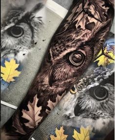 an owl and leaves tattoo on the arm is shown in black and grey colors, with one