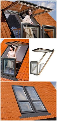 an image of a woman standing on the roof looking out from her loft window and opening to another room