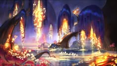 an image of a fantasy scene with fire and flowers in the foreground, surrounded by water