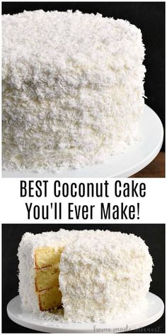 two pictures of a coconut cake with the words best coconut cake you'll even make