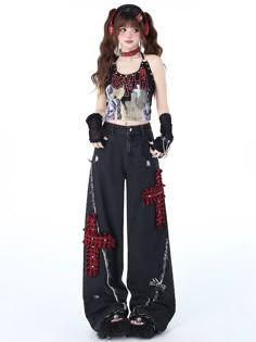 Elevate your punk fashion game with these Red Plaid Crosses Black Punk Wide Leg Jeans. These edgy jeans feature a striking red plaid cross pattern against a black backdrop. The distressed holes add a touch of grunge. The wide-leg design ensures comfort and a relaxed fit.  The price is for a pair of pants only, the waist chain is not included.  Garment Size   	 		 			Size 			S 			M 			L 		 		 			Full Length 			103 			105 			107 		 		 			Waist 			64 			68 			72 		 		 			Hips 			98 			102 			106 Punk Girl Fashion, Wide Leg Jeans Women, Punk Jeans, Estilo Harajuku, Black Denim Pants, Grunge Jeans, Career Outfits, Music Career, Black Punks