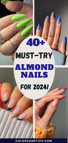 Step into 2024 with the trendiest almond nail designs! Discover the best cute, short, and trendy almond nail ideas. Explore elegant almond designs in acrylic or gel which will keep you looking like a baddie all year long. Get inspired by these trendy almond nail designs and summer nail art ideas. Almond nails. Short almond nails, orange almond nails, Baddie nails, Trendy nails, almond Inspo, Almond 2024 designs, yellow almond nails, summer almond nails, Autumn almond nails, hot pink almond nails