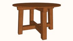 a wooden table with two legs and a small round top on one end, sitting in front of a white background