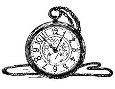 an old pocket watch sitting on top of a table next to a clock with roman numerals, vintage line drawing or engraving