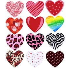 heart shaped stickers are arranged in different colors and patterns, including zebra print, leopard print