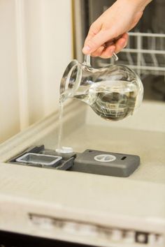 a person pouring water into a glass pitcher