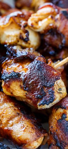 chicken skewers with toothpicks on a plate