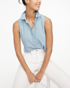 Chambray Button-Up Shirt In Signature Fit Teacher Wardrobe Capsule, White Jeans Summer, Sleeveless Chambray, Jeans Outfit Summer, Spring Capsule Wardrobe, Summer Capsule Wardrobe, Chambray Shirt, J Crew Factory, Perfect Shirt