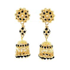 22K Gold Ornate Dangling Black Bead Jhumka Earrings Jhumkas Earrings, Black Stone Earrings, Gold Chain Design, Jhumka Earrings, Chain Design, Gold Stone, Screw Back Earrings, Black Stone, 22k Gold