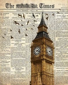 the big ben clock tower towering over the city of london on an old newspaper page