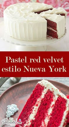 a red velvet cake with white frosting on top and the words pastel red velvet est