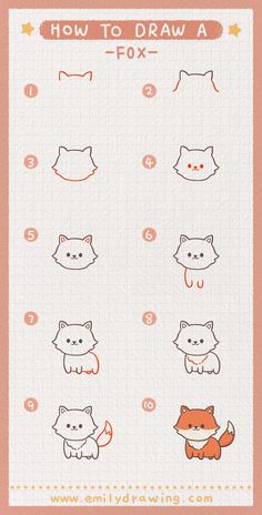 How To Draw a Fox: Easy Step-by-Step Guide - Learn How to draw a Fox For Kids step by step. Draw this cute a Fox easily by following this drawing lesson. Cute Animal Doodles Step By Step, How To Draw Cute Cartoon, Kawaii How To Draw, Learn Drawing Beginner, How To Draw A Bunny Easy, How To Draw A Fox Easy