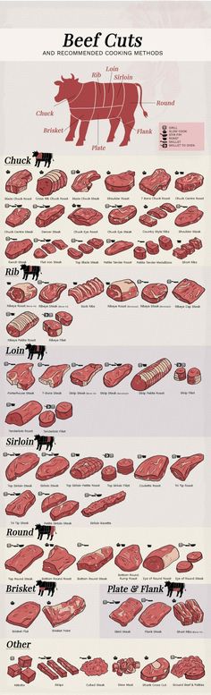 an illustrated diagram shows the different cuts of meat