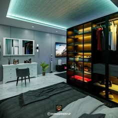 a bedroom with a bed, desk and closet