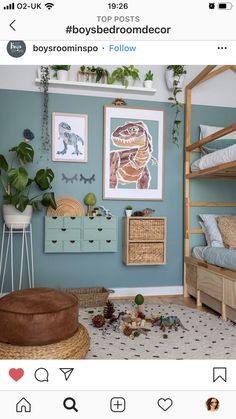 a bedroom with blue walls and plants on the wall