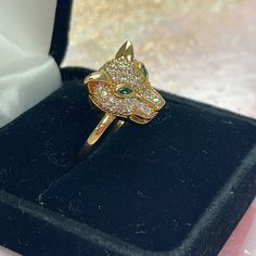 Gold Plated Jaguar Ring With Zirconia (Or Swarovski ?) And Green Stone (Sorry, I Don’t Remember The Name). Bought From A Jewelry Store In Brazil. Never Worn. Size 8- Or 9. Vintage Turquoise Ring, Locket Ring, Remember The Name, Heart Shaped Rings, Engagement Ring Sizes, Ring Color, Wire Wrapped Rings, Source Unknown, Blue Rhinestones