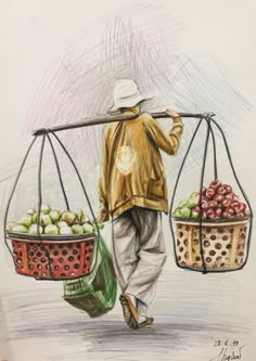 a drawing of a man carrying two baskets of fruit