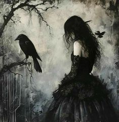 a woman in a black dress standing next to a crow