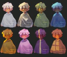 six different colored ponchies with faces and hair in the same style, all sitting side by side