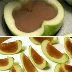 an image of caramel apples being sliced and put in the oven with chocolate sauce