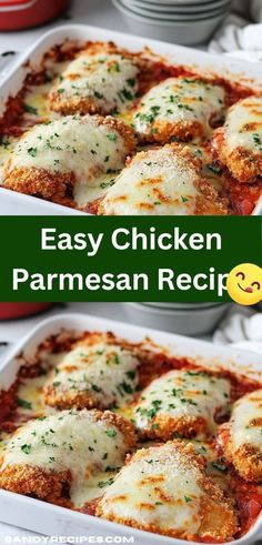 an easy chicken parmesan recipe in a casserole dish