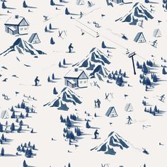 a blue and white illustration of people skiing in the snow with houses, trees, and mountains