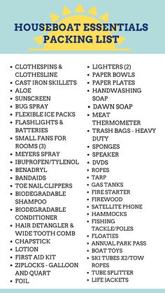 the houseboat essentials packing list is shown in blue and white with yellow lettering