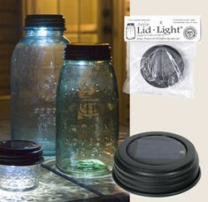 two mason jars with lids are sitting on a table next to a coin and plastic bag