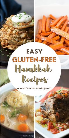 four different pictures with the words easy gluten - free hanukkah recipes