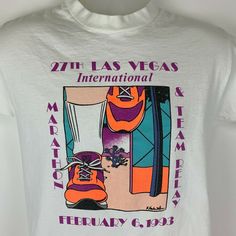 "Vintage 1990s 1993 Las Vegas Marathon Team Relay Small T Shirt Running White Cotton Made in USA Single Stitch Graphic Tee In very good used condition. Tag is a Medium but I feel it measures more similar to a modern Small. Check measurements to ensure fit. See photos. Width 18\" - Underarm to underarm Length 25\" - Measure from top of shoulder, at the edge of collar, to the bottom of the shirt Thank you!" Marathon Shirt Design, 90s Shirts Graphic Tees, Marathon Shirts, Penguin T Shirt, 90s Shirts, Running Shirts, Vintage Sports, Tee Design, Vintage Tees