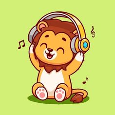 a cartoon lion with headphones and music notes on its ears, sitting in front of a pink background