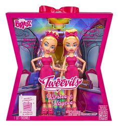 two barbie dolls are standing in front of a pink box with the packaging on it