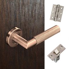 an image of a door handle and latch on a wooden door with two different types of hardware